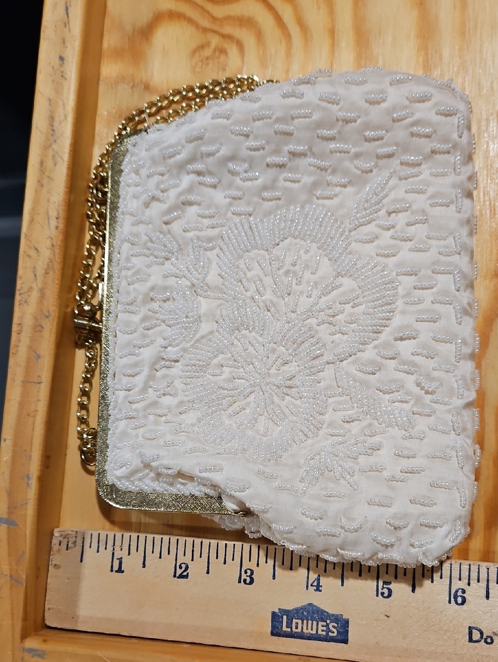 La Regale Ivory Beaded Floral Clutch with Gold Chain - Picture 11 of 12